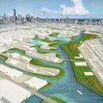 Aerial rendering of restored waterways and green corridors in a city