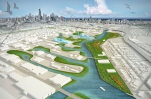 Aerial rendering of restored waterways and green corridors in a city